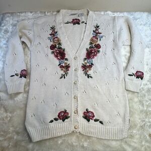 Capacity Petites Vintage‎ Floral Embroidered Pointelle Knit Cardigan Ivory PM